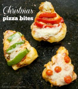 Mini Christmas pizza bites perfect for making Christmas breakfast, snacks, or party bites at your holiday festivities.