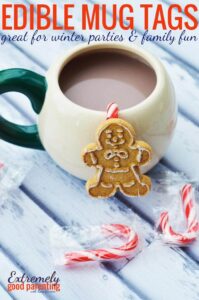 Cookie mug hanger edible craft and party drink tag idea for New Year's and Christmas parties. A great edible creation for kids to help make!