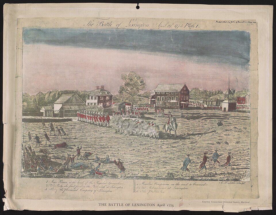 The Battle of Lexington, April 19th, 1775, Plate I, engraved by Amos Doolittle after Ralph Earl, 1775