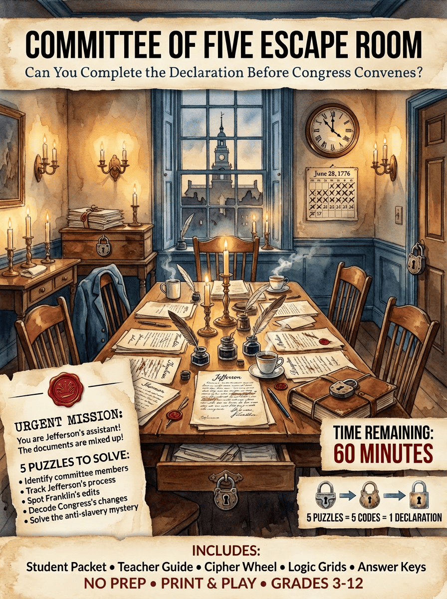 Committee of Five Escape Room: Declaration of Independence Activity | Print and Play | Grades K-12