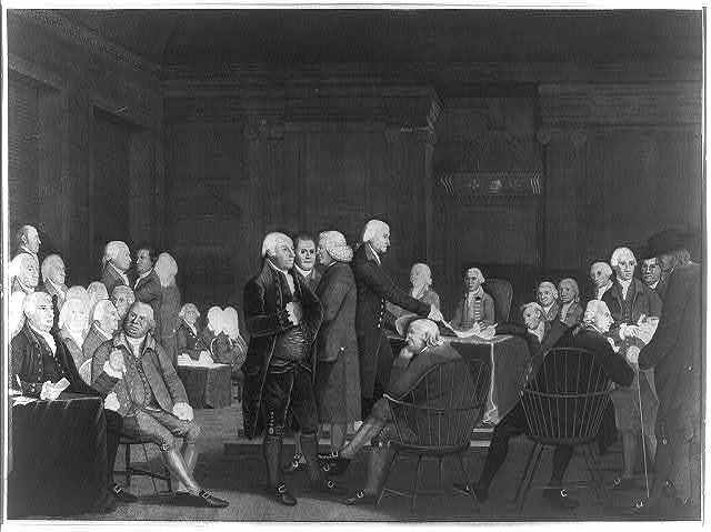 Congress Voting Independence, painting by Robert Edge Pine and Edward Savage, ca. 1784 to 1801