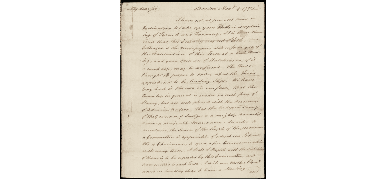 Samuel Adams letter to James Warren, November 4, 1772, establishing the Committees of Correspondence
