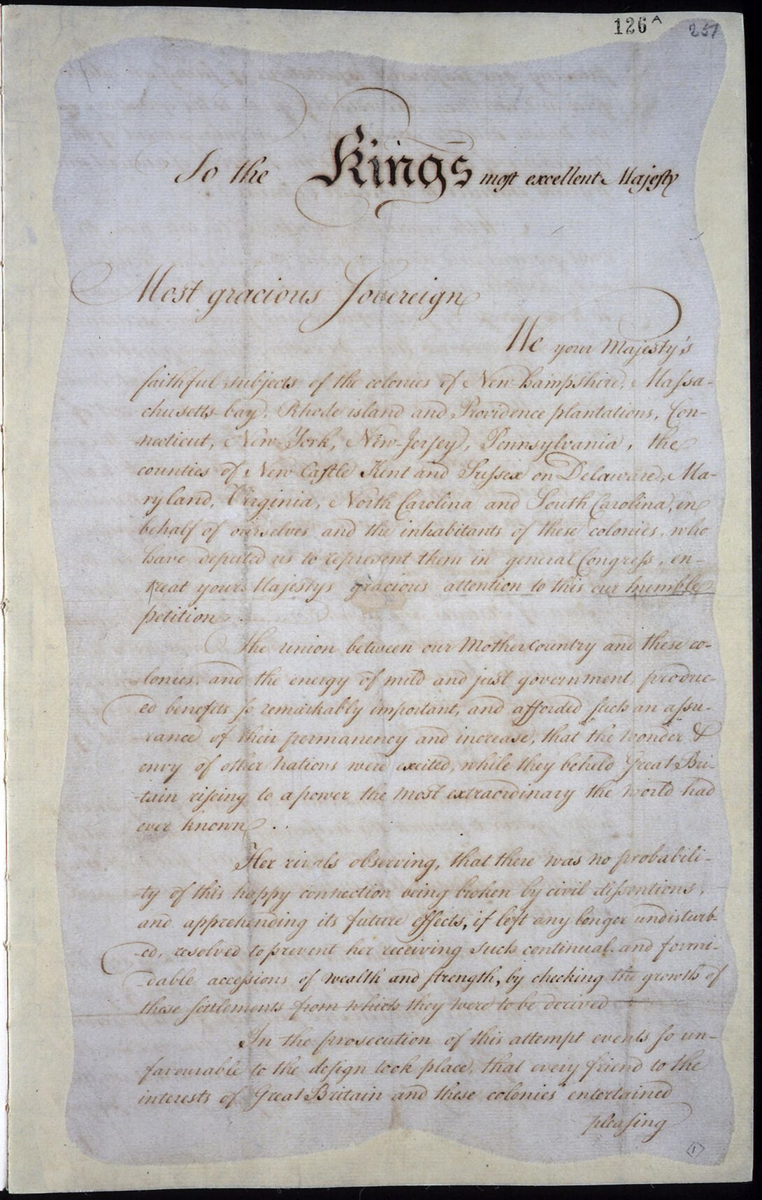 Olive Branch Petition, page 1, July 8, 1775, National Archives